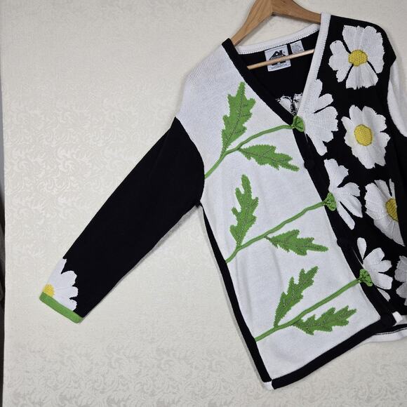 VTG Storybook Knits Cardigan Sweater sz 1X White Black Green Floral Colorblock - Picture 6 of 15